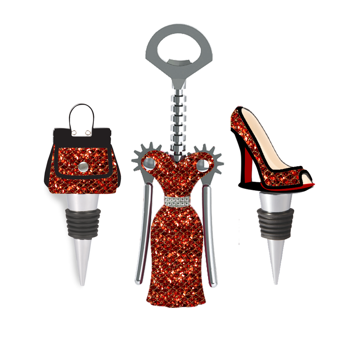 Red & Gold Glitter Wine Fashion Set
