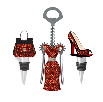 Red & Gold Glitter Wine Fashion Set