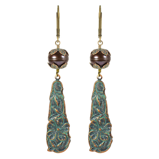 Pearl & Verdigris Flower Drop Earrings