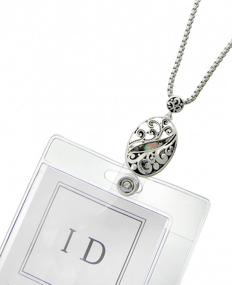 Abalone Filigree Studded Oval ID Holder & Necklace