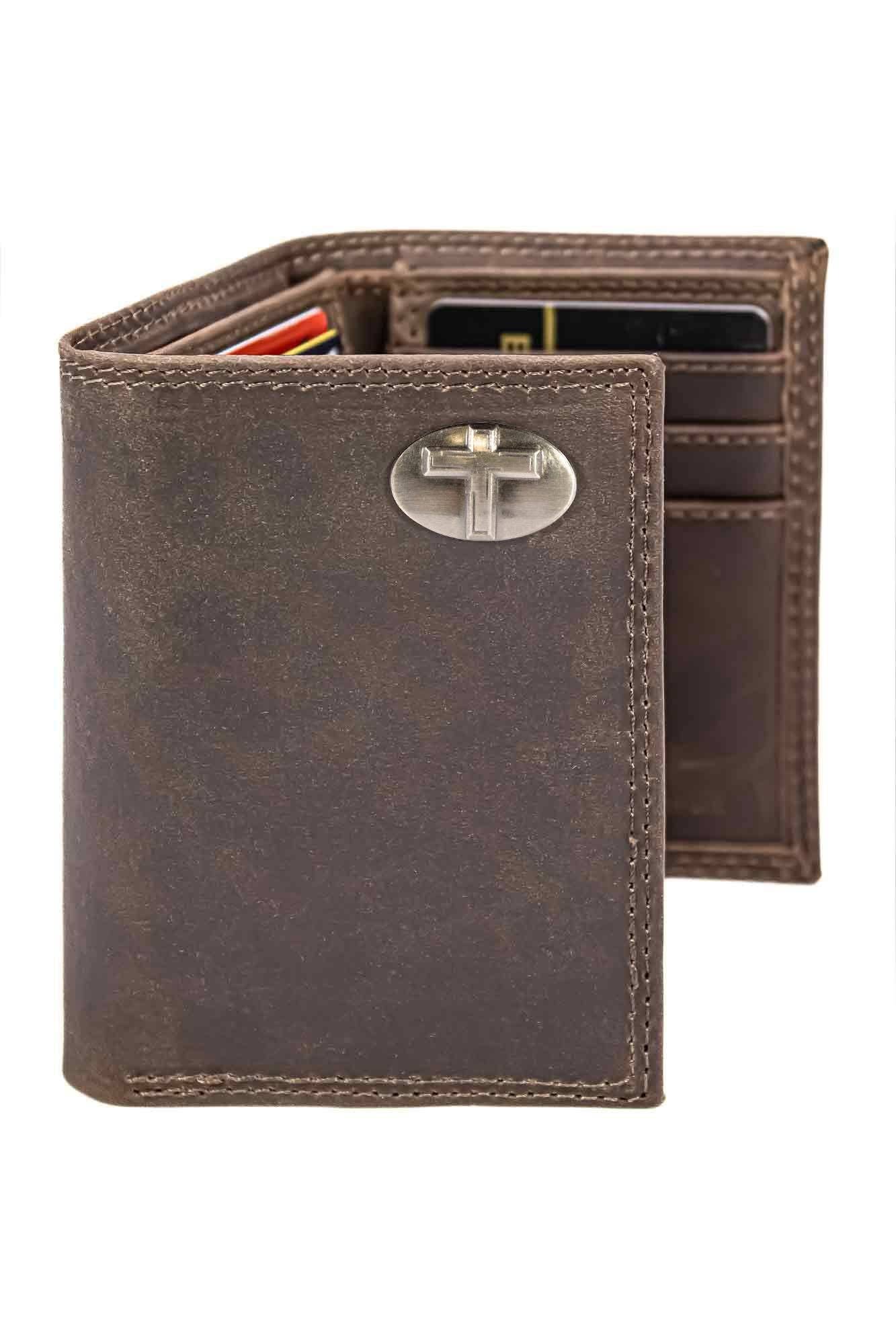 Christian Cross Leather Trifold Wallet: Crazyhorse Brown
