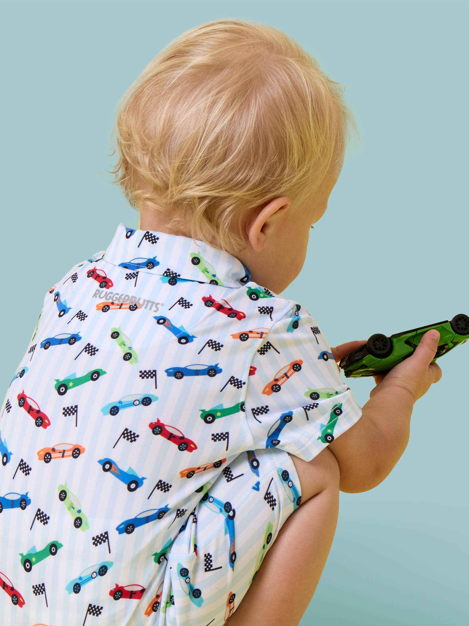 Baby Boys Let's Roll Racecar Performance Polo Romper: Blue / 0-3m