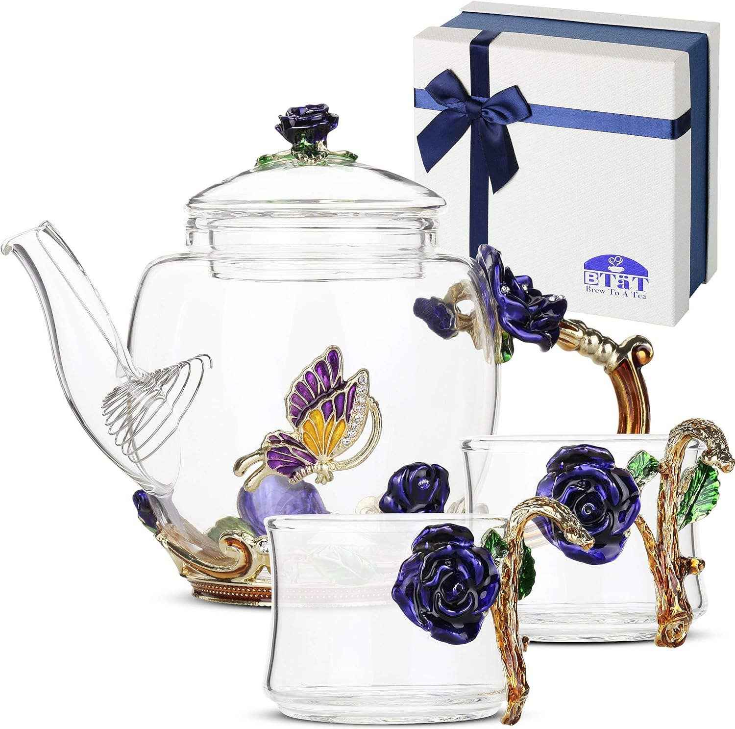 Floral Glass Tea Set with Teapot – 2 Cups