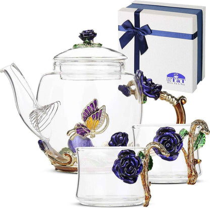 Floral Glass Tea Set with Teapot – 2 Cups