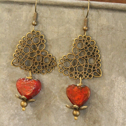Filigree Hearts & Red Czech Bead Earrings