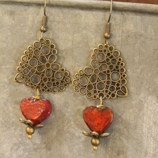 Filigree Hearts & Red Czech Bead Earrings