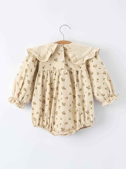 Baby Girl Long Sleeve Apricot Floral Romper with Heart Collar: 12M