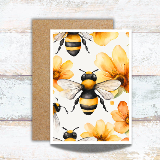 Bumblebee and Wildflower Watercolor Greeting Card