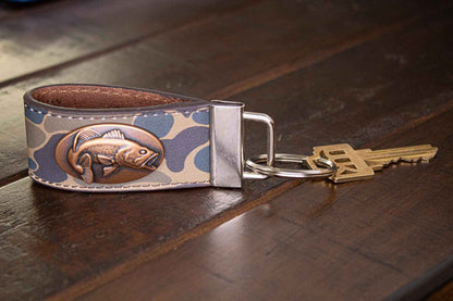 Bass Fishing Old School Camo Leather Loop Keychain.: Brown/Tan Camo