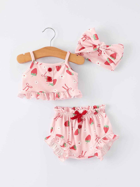 Strawberry Bow Baby Girls Short Sleeves Bloomer Set: 3M