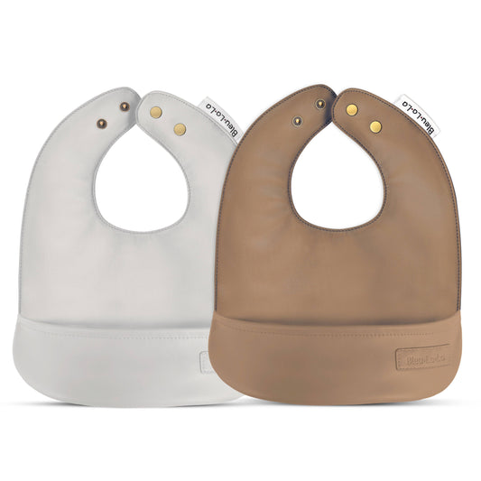 Soft Vegan Leather Easy Clean Bibs 0-12 Months: Mocha & Sand - Set of 2