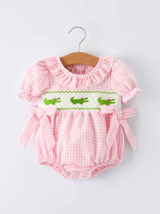 Baby Girls Summer Crocodile Embroidered Smocked Romper: 3M