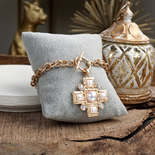 Hammered Cross Toggle Bracelet with Pearls & Crystals
