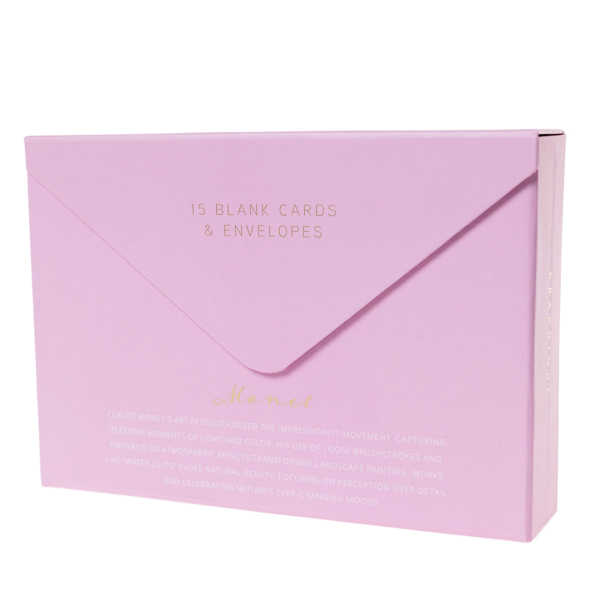 Monet Water Lilies Keepsake Boxed Cards, A pink box with a gold foil bordered reproduction of Monet's Water Lilies painting on the lid, opened to show blank cards and envelopes inside.