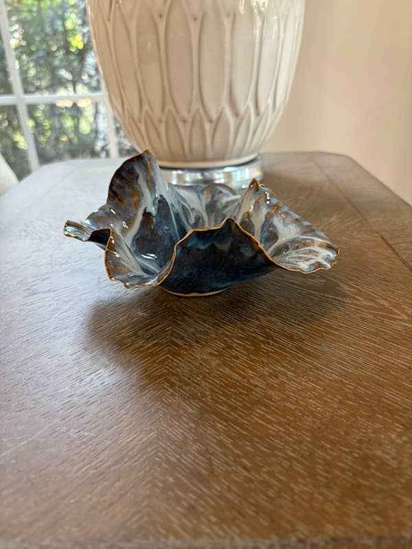 Handbuilt Coastal Sculptural Ceramic Bowl- Sea Glass Blue