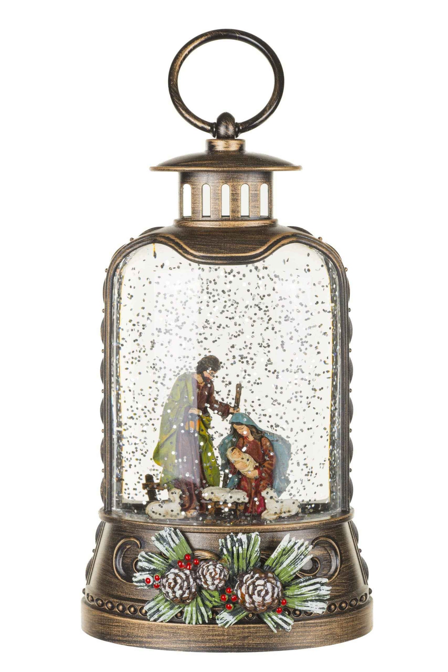 NEW-Antique Brown Lantern Snow Globe with Nativity Scene