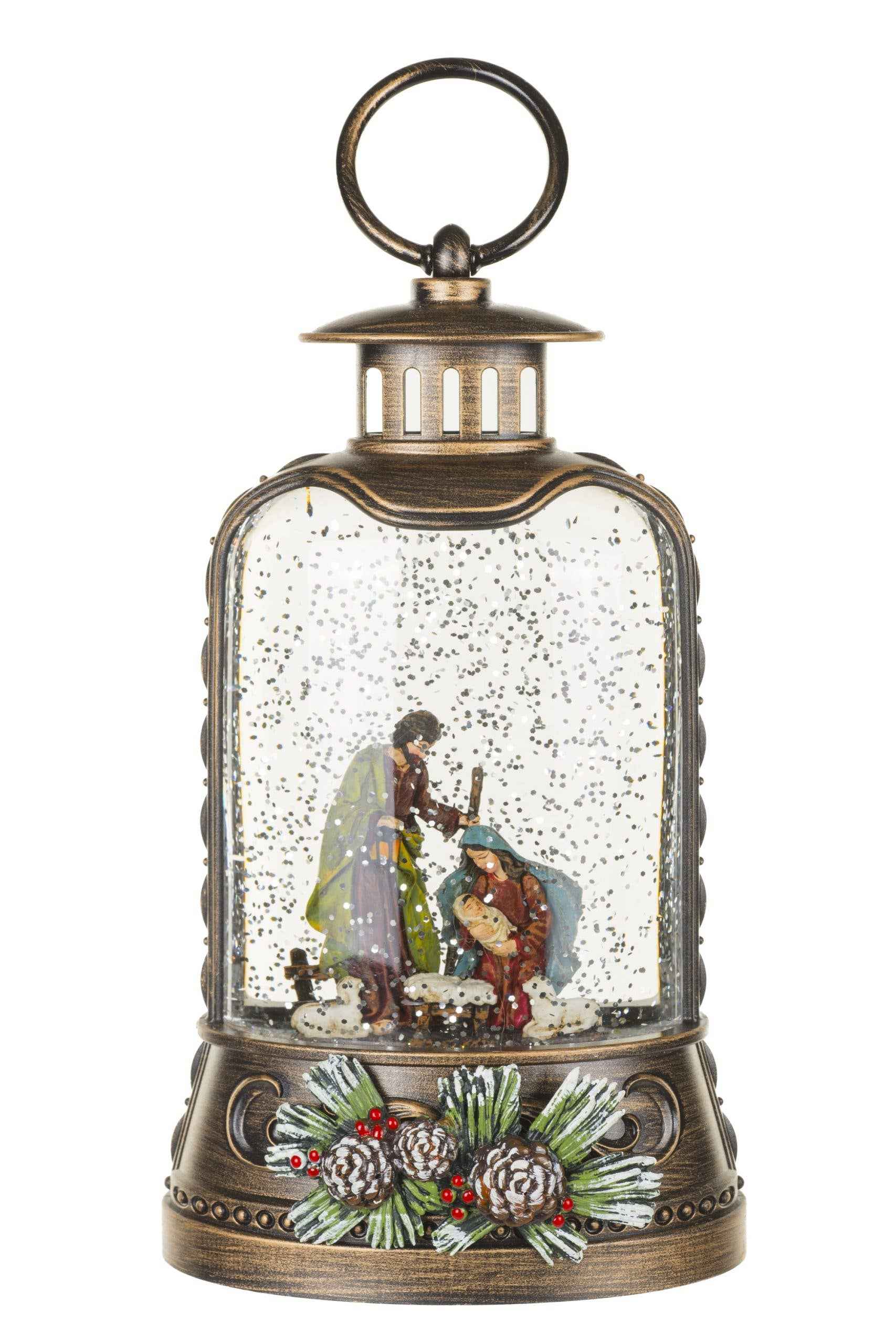 NEW-Antique Brown Lantern Snow Globe with Nativity Scene