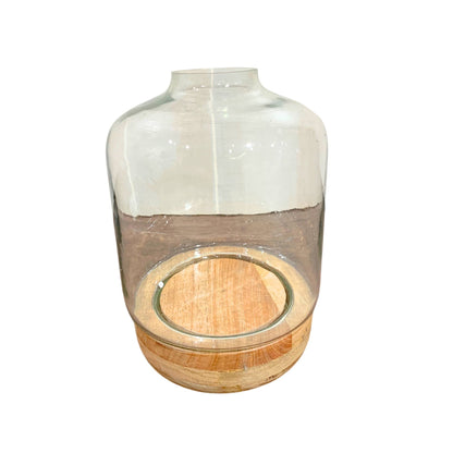 GLASS CANDLE HOLDER W/WOOD BASE 10.25" H X 7" DIA