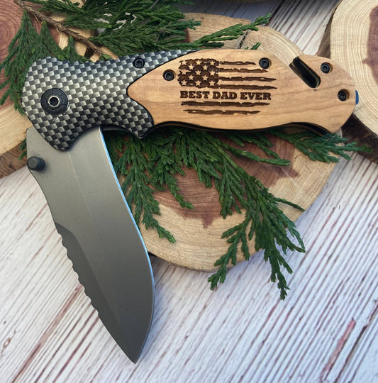 Flag Best Dad Ever Knife - Quail Tail Laser Art