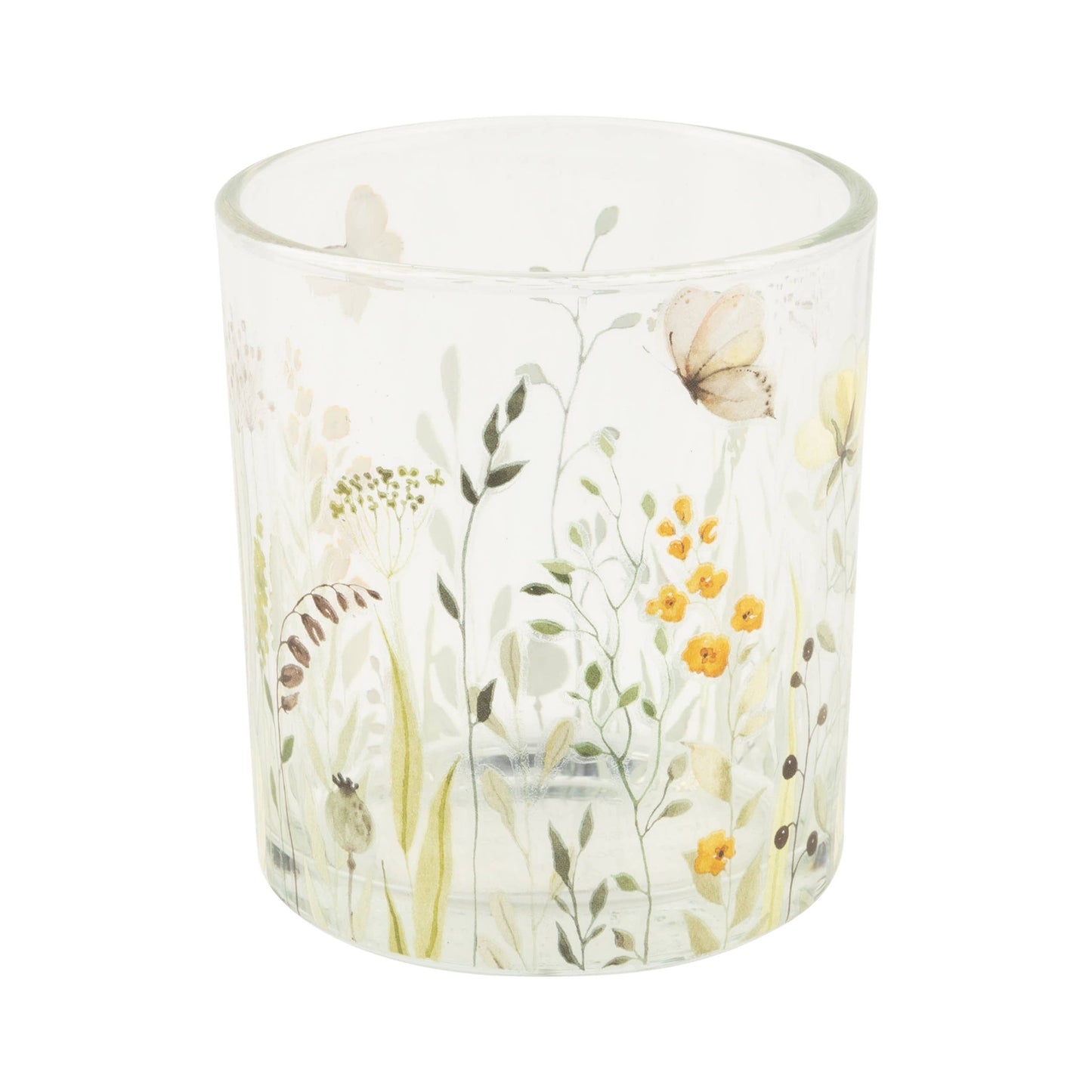 Clear glass votive holder with meadow flower pattern
