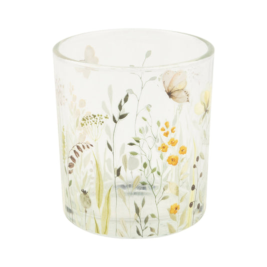 Clear glass votive holder with meadow flower pattern