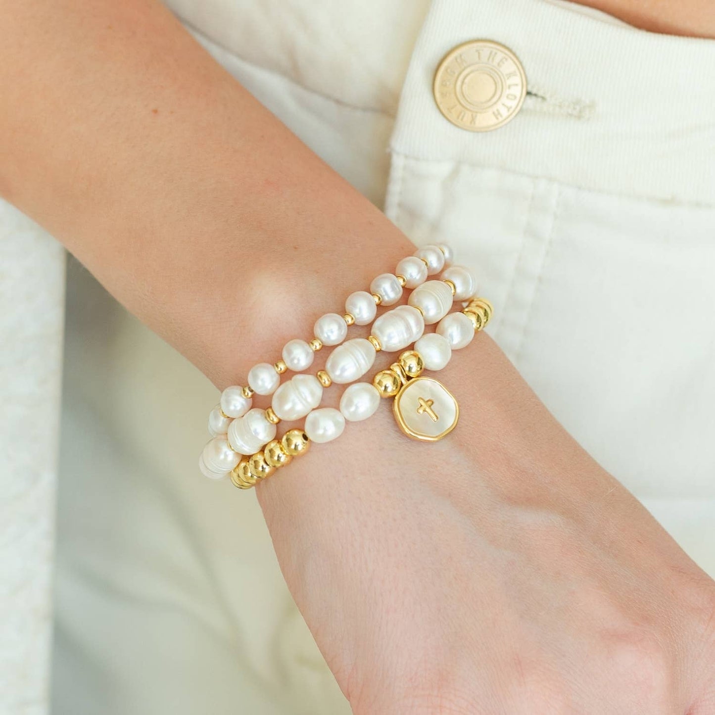 Cross + Pearls Stretch Charm Bracelet