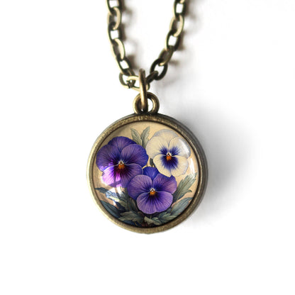 Purple Pansies Spring Floral Reversible Pendant Necklace