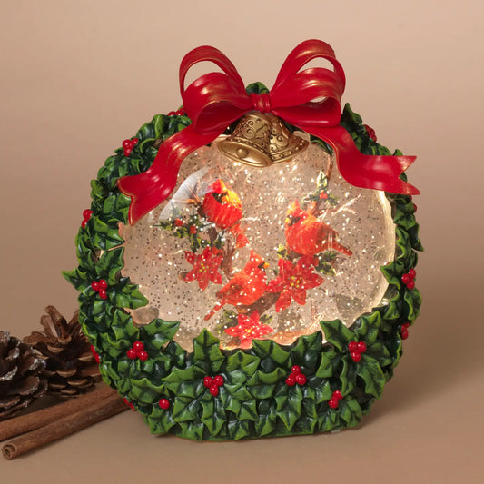 Globo de agua giratorio iluminado con escena de cardenal navideño y temporizador