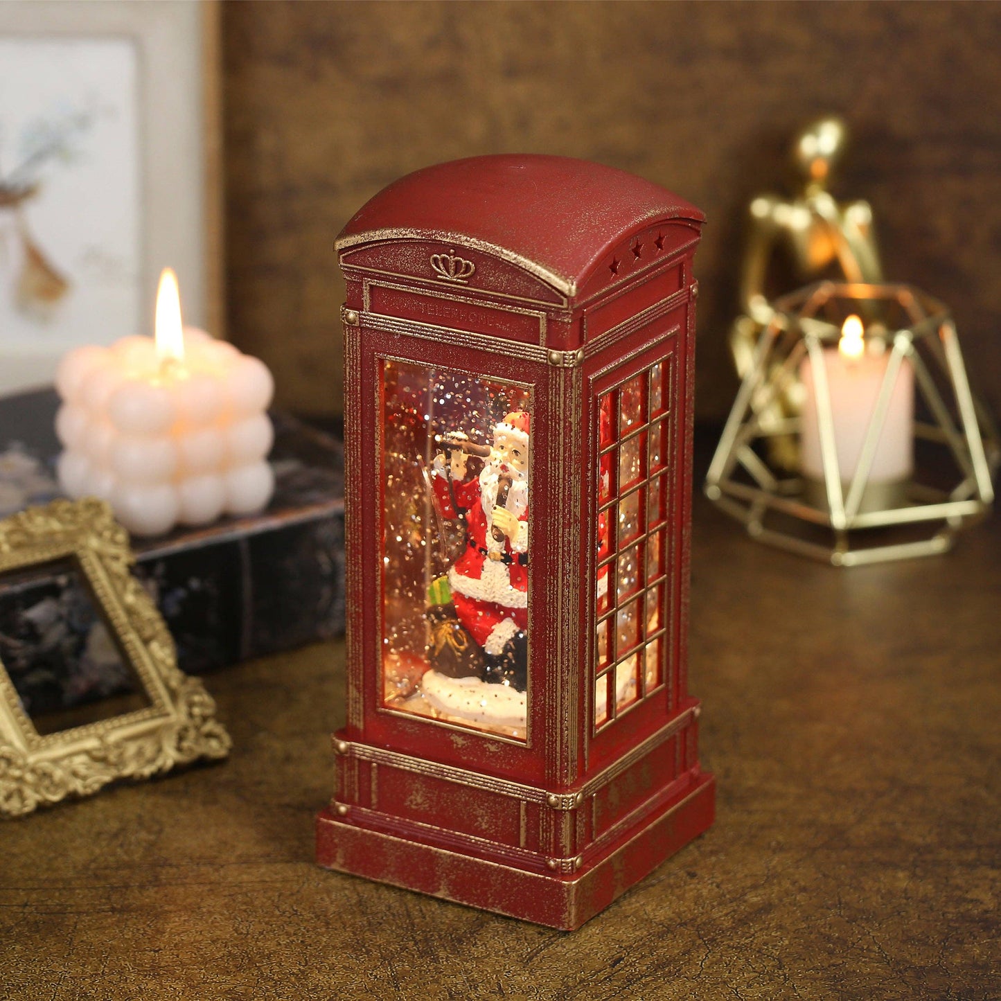 Christmas Musical Phone Booth Snow Globe with Santa on Phone Scene for Christmas Decoration