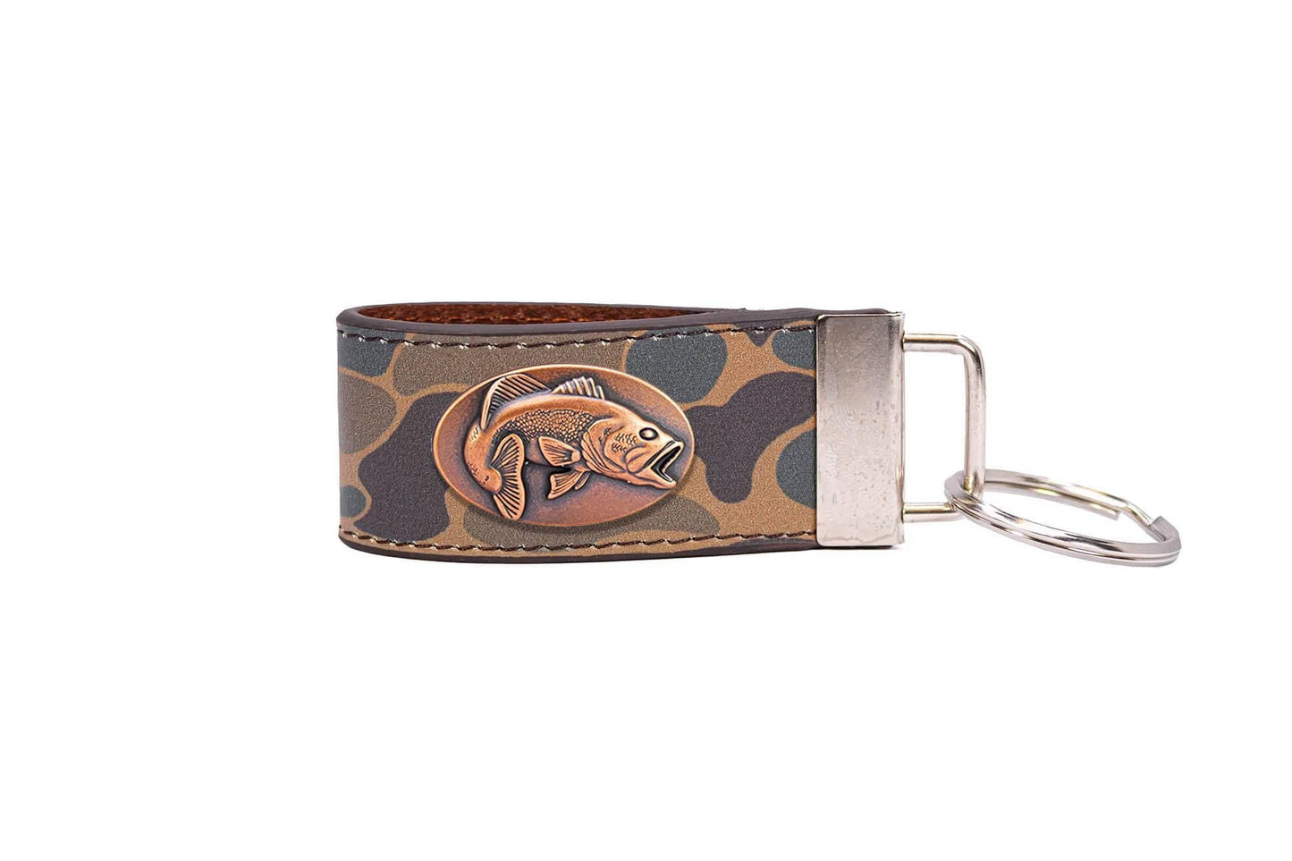 Bass Fishing Old School Camo Leather Loop Keychain.: Brown/Tan Camo