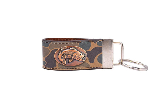 Bass Fishing Old School Camo Leather Loop Keychain.: Brown/Tan Camo