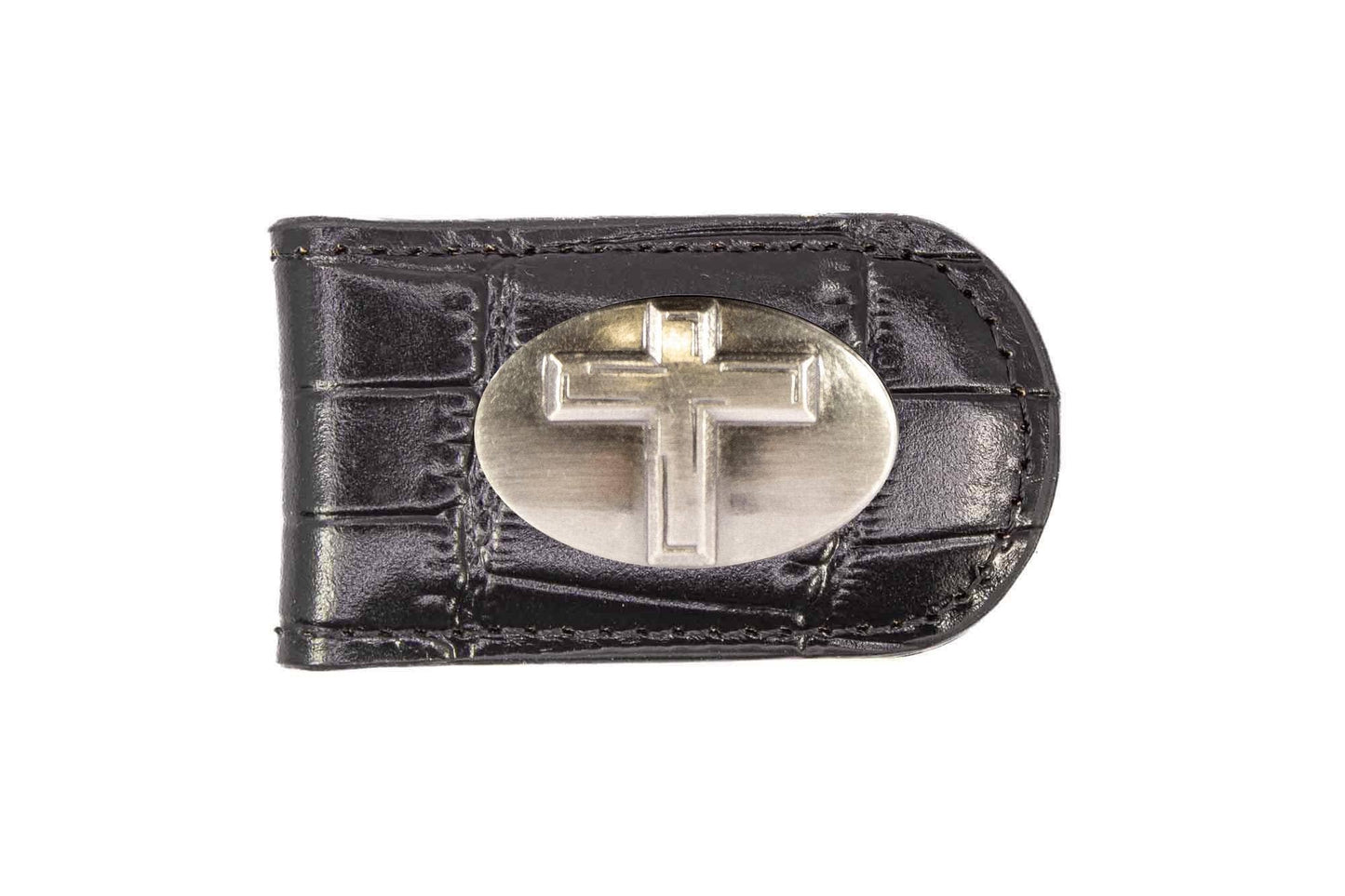 Christian Cross Leather Magnetic Money Clip Wallet: Croc Tan