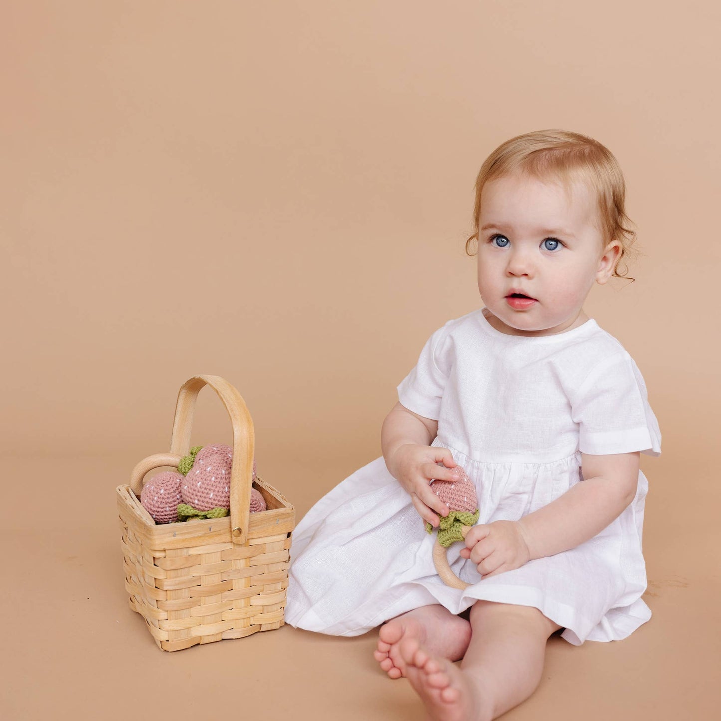 Crochet Rattle Teether Strawberry Pink Baby Toy Spring Summe