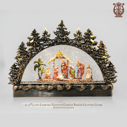 12.75” B/O Lighted Nativity Candle Bridge Glitter Globe