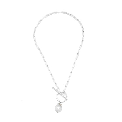 Necklace Paper Clip Matte Silver w/Baroque Pearl 18”