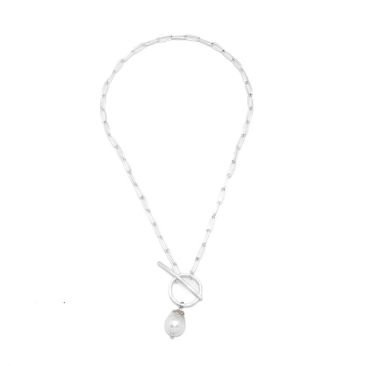 Necklace Paper Clip Matte Silver w/Baroque Pearl 18”