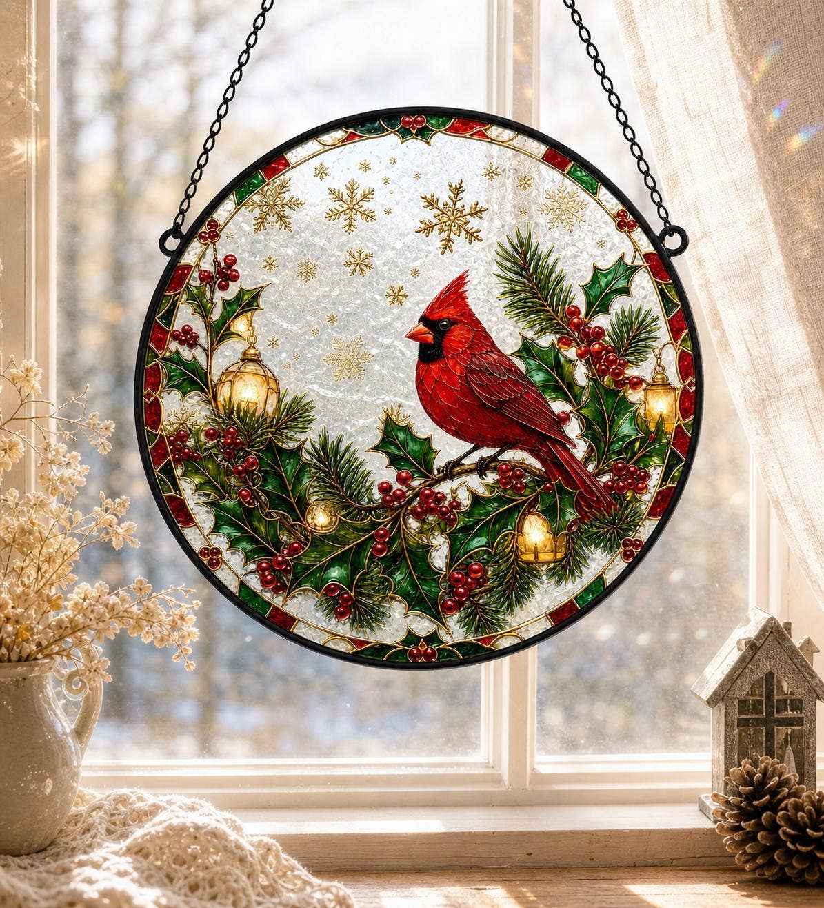 Christmas Cardinal Stained Glass Style Suncatcher