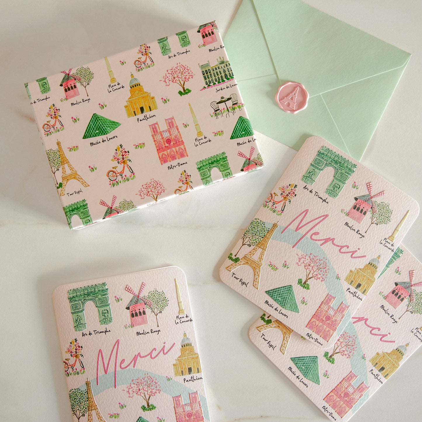 Tarjetas de notas de estudio de lugares de interés de París con sellos de lacre a juego