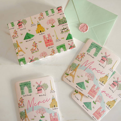 Tarjetas de notas de estudio de lugares de interés de París con sellos de lacre a juego