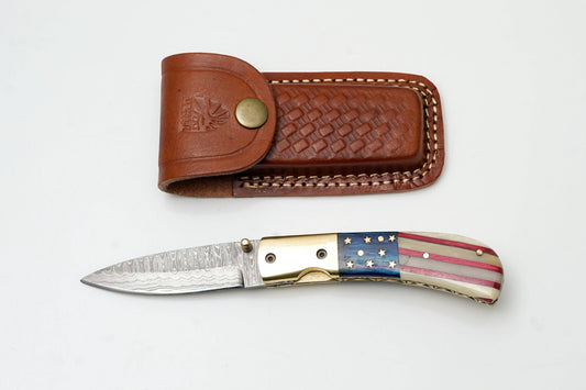 Patriotic American Flag Folding Knife -Hand-Forged Damascus Steel