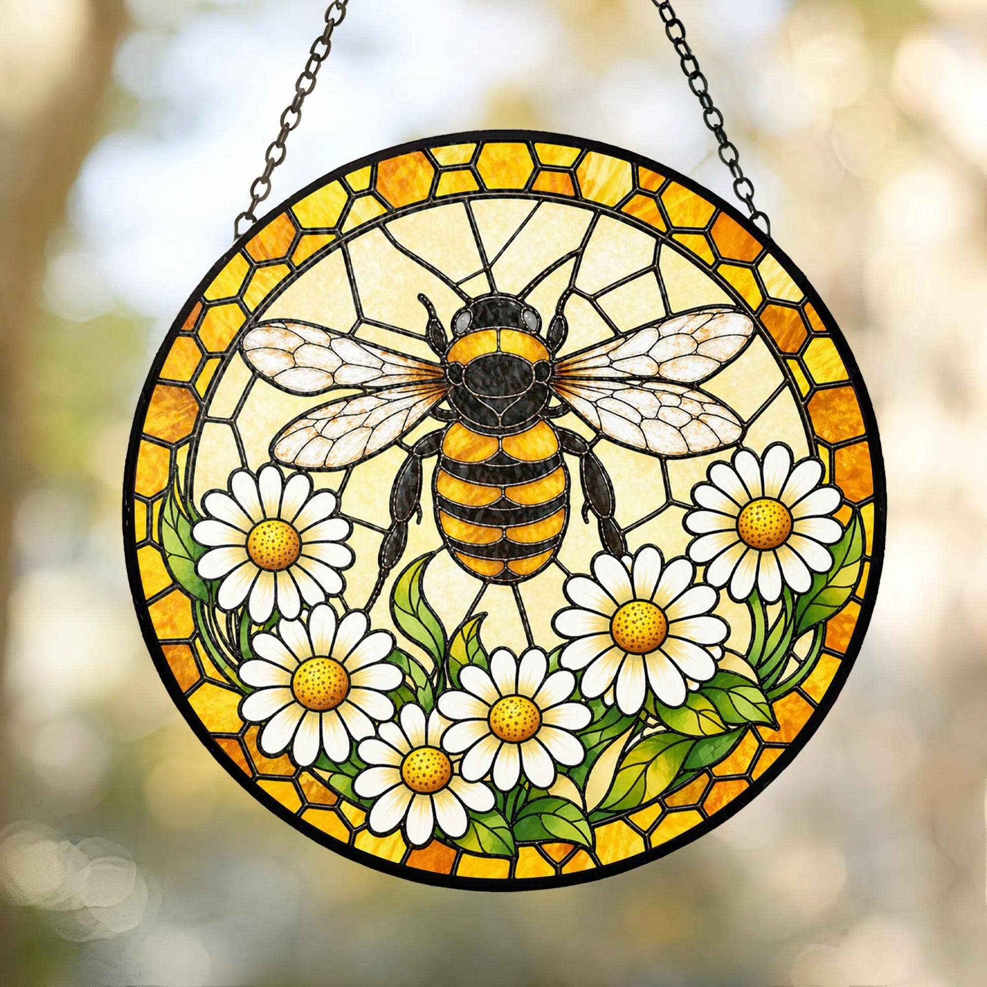 Bee Stained Glass Suncatcher with Daisies, Honey Bee Window
