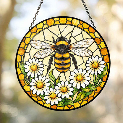 Bee Stained Glass Suncatcher with Daisies, Honey Bee Window