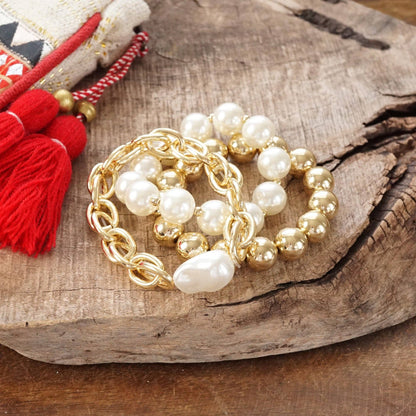 Conjunto de pulsera de cadena gruesa y cuentas grandes perladas y doradas