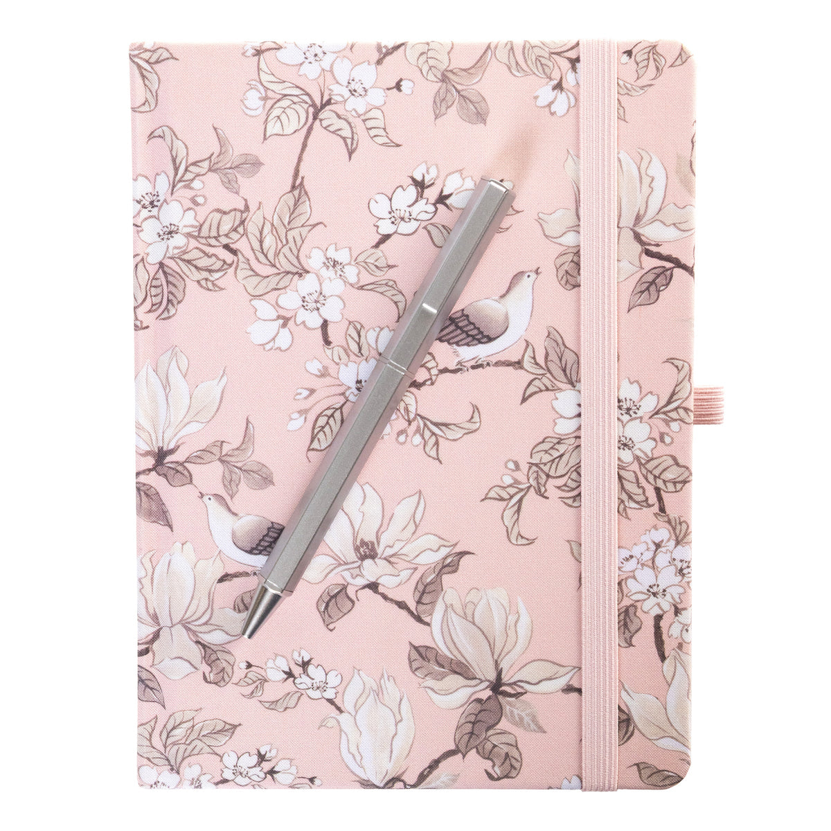 La Petite Presse Birds Fabric-Bound Journal with Pen, A blush pink fabric journal printed with songbirds and magnolia blossoms, closed with an elastic band and a silver pen tucked into a loop.