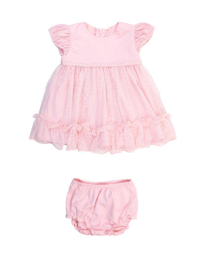 Baby Girls Baby Pink Dotted Tulle Dress & RuffleButt Set