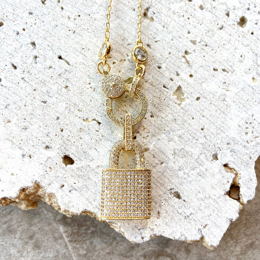 Gold lock pedant necklace Crystal micro pace Jewelry trendy