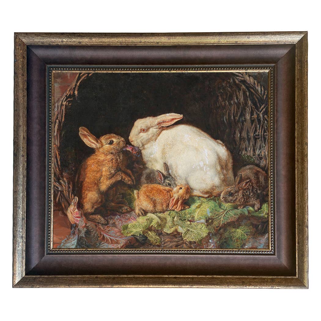 Hares and Young Framed Painting Print on Canvas