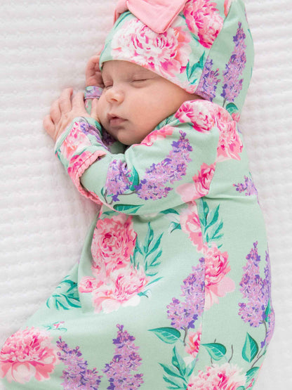SoftSnooze™ Baby Girls Bamboo Viscose Sage Garden Ruffle Knotted Sleep Gown & Bow Hat Set: Green / Newborn-3m