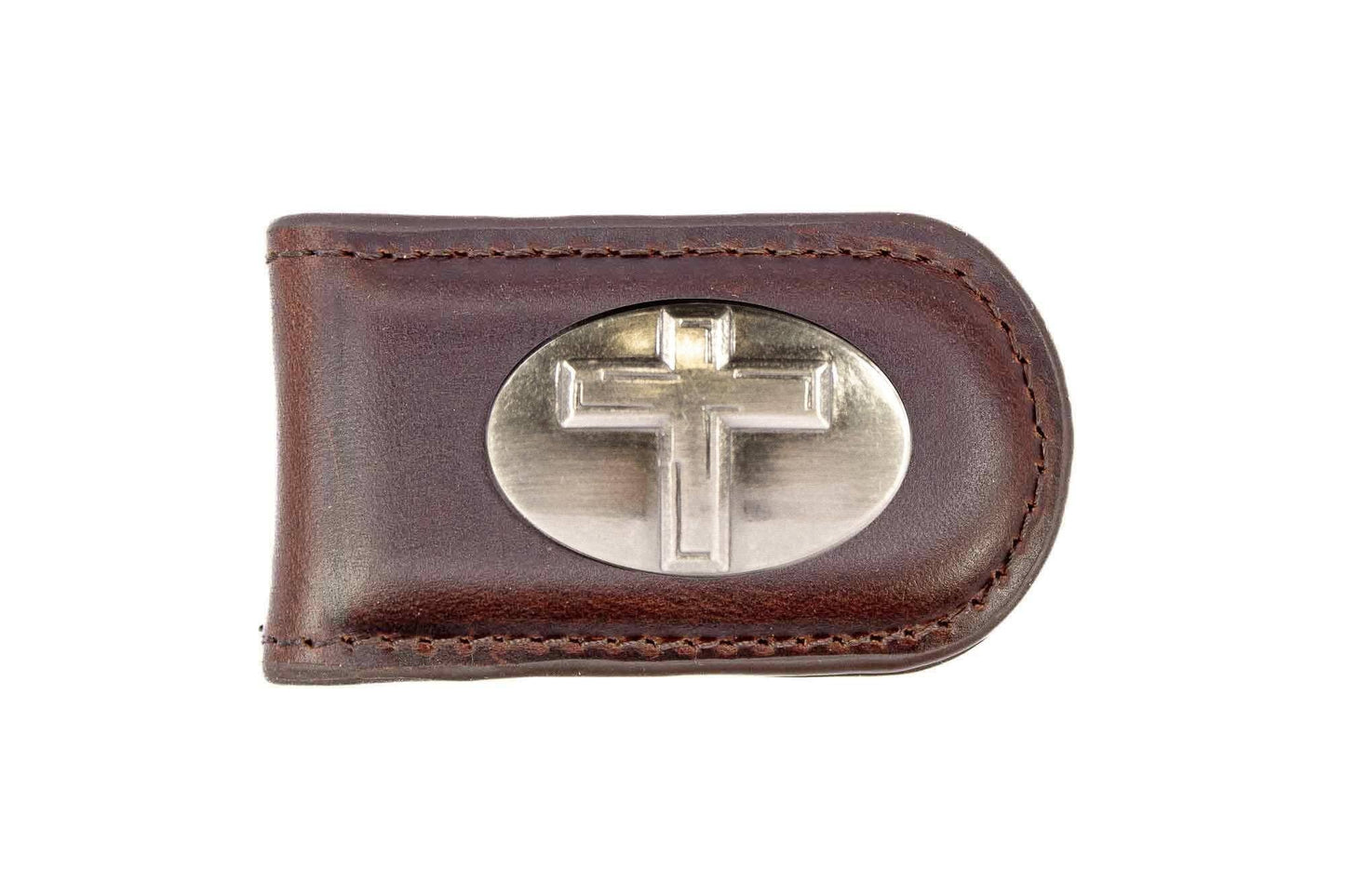 Christian Cross Leather Magnetic Money Clip Wallet: Croc Tan