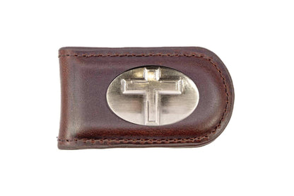 Christian Cross Leather Magnetic Money Clip Wallet: Croc Tan